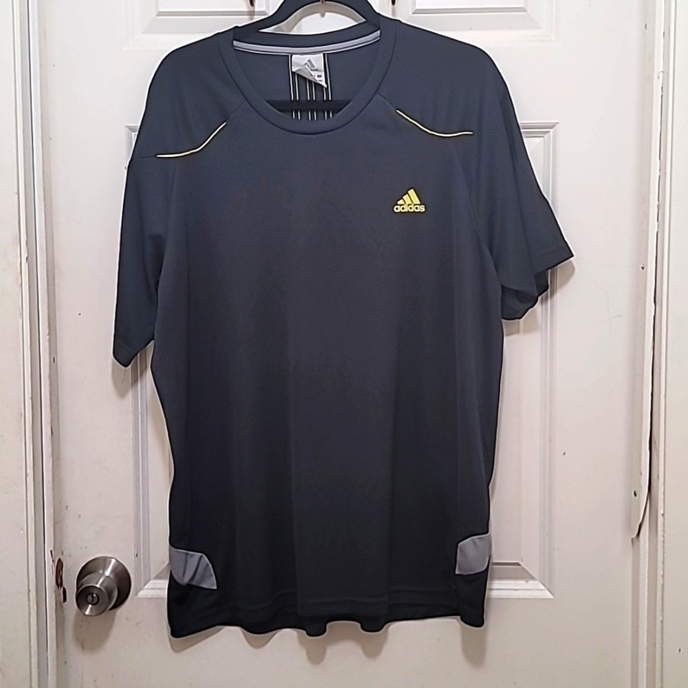 Adidas Performance Shirt Mens XL Navy Blue Yellow Stripe Athletic Tee‎